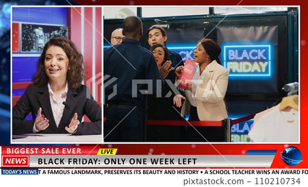 Journalist shows black friday footage to discuss about shopping madness and crisis, presenting half price deals. Woman presenter covering breaking news events on international tv. 110210734