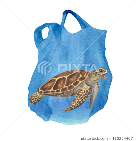 Sea turtle got entangled plastic bag. Ocean pollution. Great Pacific Garbage Patch. Hand drawn watercolor illustration isolated background. Ecology poster, enviroment protection, Earth day 110234407