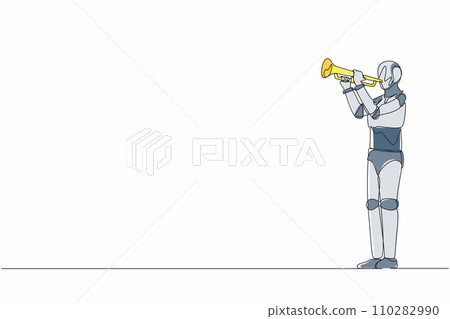 Single one line drawing robot playing trumpet at jazz music orchestra. Future technology development. Artificial intelligence and machine learning processes. Continuous line design vector illustration 110282990