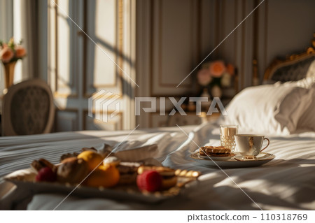 Elegant hotel luxury room with a breakfast on the bed. Generative AI 110318769