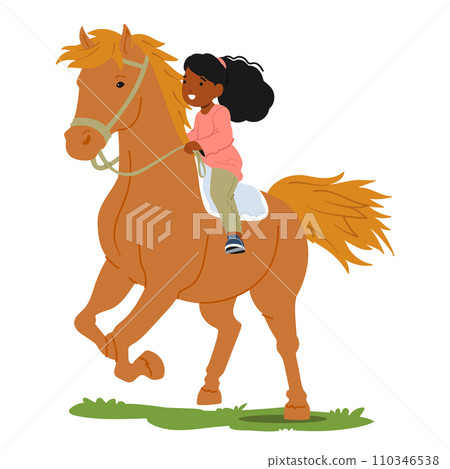 Joyful Little Girl, Character Her Laughter Echoing, Rides A Spirited Horse Through A Sunlit Summer Field, Vector 110346538