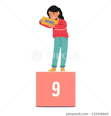 Cute Smiling Girl Holding Number Nine, Emphasizing A Joyful Approach To Learning Mathematics, Vector Illustration 110346604