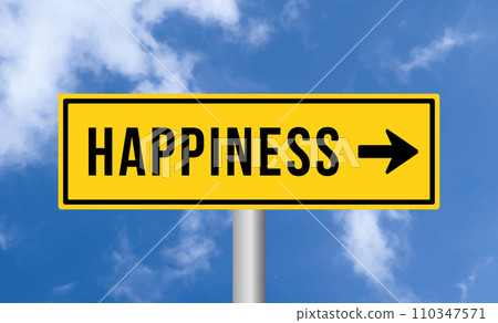 Happiness road sign on cloudy sky background 110347571