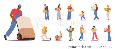 Set Of Male And Female Characters With Different Boxes. Loader With Manual Trolley Loading Cargo, Fired Employee 110358949