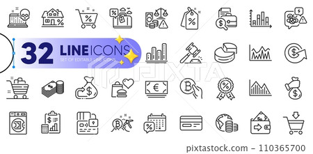 Outline set of Cashback, Discount medal and Online market line icons for web with Bitcoin mining, Card, Loan percent thin icon. Diagram graph, Investment graph, Launder money pictogram icon. Vector 110365700