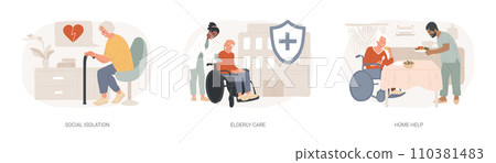 Older people living isolated concept vector illustration set. Social isolation, elderly care, home help, disabled people, medical nursing home, healthcare service, care allowance vector concept. 110381483