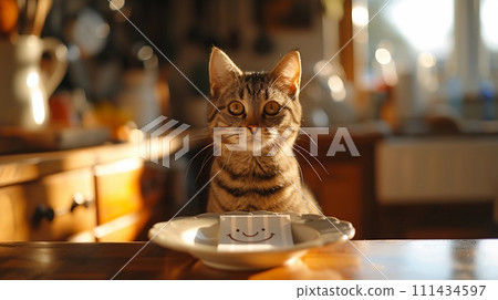 April Fool's Day Prank. Cat Is Tricked with an Empty Bowl Featuring a Cheeky Smiley. AI Generated 111434597