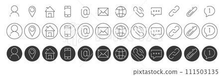 Web and mobile icon set, line style. Website contact info icons for registration, resume, highlights, design, social media. Chat, link, paper clip, message, phone, email, person. Vector illustration 111503135