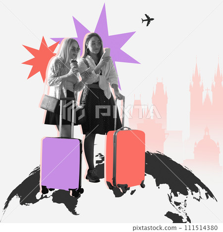 Two women, colleagues and friends standing with luggage at airport on world globe and taking photo. Vacation. Contemporary art collage. 111514380