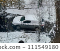 Car covered in snow is parked next to tree. 111549180