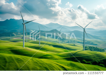 Wind turbines in the field. Renewable energy concept and environmental protection. Beautiful nature background. 111550777