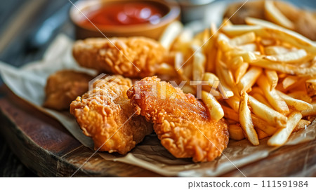 Golden fried chicken tenders paired with a side of hot French fries served on a rustic wooden tray with ketchup. 111591984