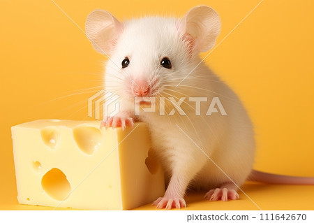 White mouse holding cheese on yellow background - ideal for animal lovers and cheese enthusiasts 111642670