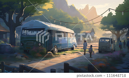 Scene of camper van parked in the city No.029 AI generated image 111648718