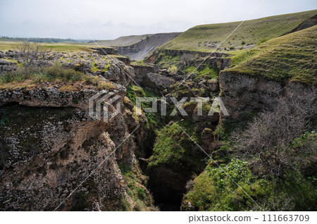 Landscape with valley with gorge of Aksu canyon in Kazakhstan in spring 111663709