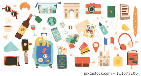 Travel France set. Tourism to Paris elements isolated. Trip to Europe country for adventure and rest. Holiday weekend vacation collection. Point of interest and accessories. Vector flat illustration 111675100