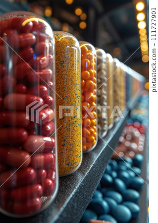 Close-up of vitamin capsules and dietary supplements. Including vitamin C, vitamin E, vitamin D3, salmon oil, fish oil and coenzyme Q10 capsules 111727901