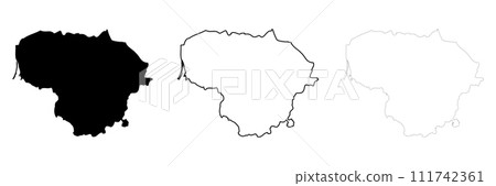 Lithuania country silhouette. Set of 3 high detailed maps. Solid black silhouette, thick black outline and thin black outline. Vector illustration isolated on white background. 111742361