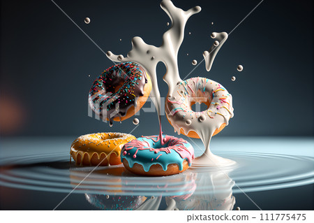 Glazed colorful Donuts falling. Splashing milk and chocolate. Dripping and oozing glaze. Generative AI 111775475