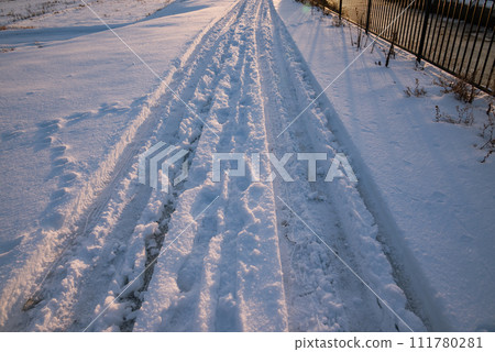 朝陽照亮的雪路【長野縣】 111780281