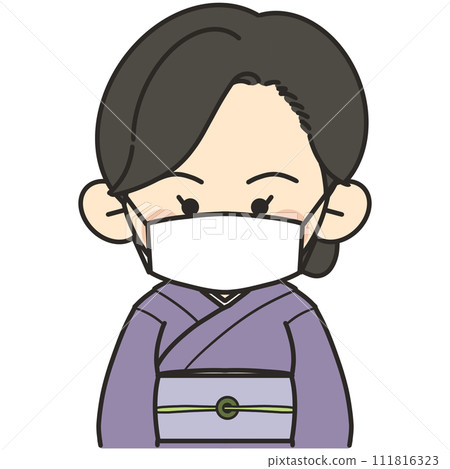 Illustration of a woman in Japanese clothes wearing a mask and facing forward 111816323