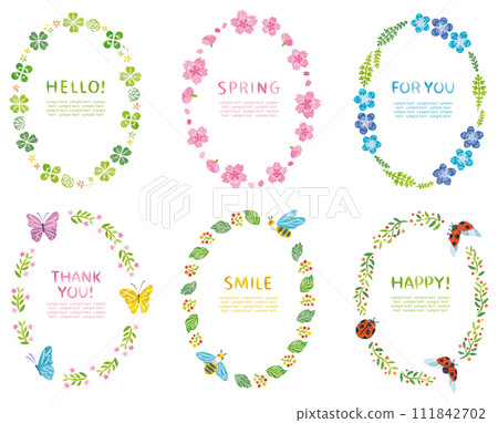 Spring plant flowers and insects round frame set vertical 111842702