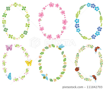 Spring plant flowers and insects round frame set vertical 111842703