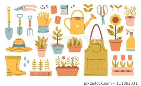 Gardening tools and flowers vector set in flat cartoon style. Rubber boots, seedling, tulips, gardening cutter, gloves 111862331