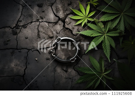 Marijuana leaf on black and cracked burnt earth. 111925608