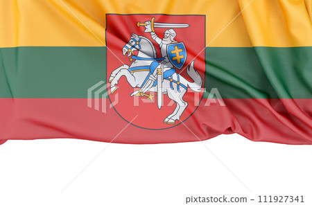 Flag of Lithuania (with Coat of Arms) isolated on white background with copy space below. 3D rendering 111927341