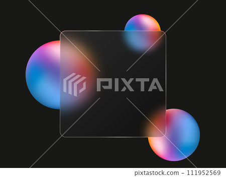 Black background with three-dimensional colored spheres and a square transparent glass morphism plate in the center. 111952569