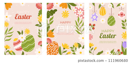 Easter collection of vertical greeting cards template. Design with flowers and painted eggs hanging on string. Hand drawn flat vector illustration 111960680