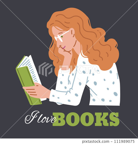 Banner about smiling young woman reading book with green cover 111989075