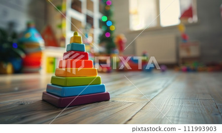 A children's multi-colored plastic toy pyramid stands on a wooden floor 111993903