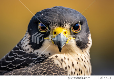 AI-generated content. Close up macro of peregrine falcon, bird of pray on blurred background 111014694