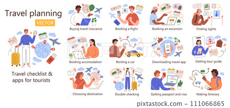 Travel planning scenes collection, hand drawn set of traveling compositions with cartoon characters, traveler checklist, vector illustrations of booking flight, hotel, mobile apps and services 111066865