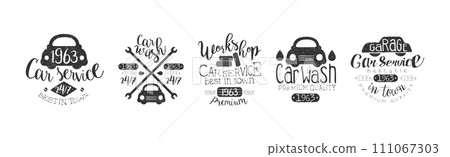 Car Repair and Wash Service Monochrome Label Vector Set 111067303