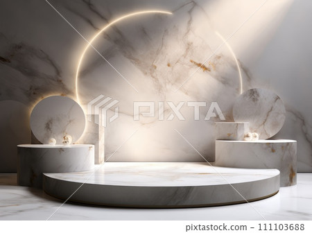 abstract modern minimal background with cobblestones on the wet floor. Trendy showcase with golden round frame and empty platform for product displaying 111103688