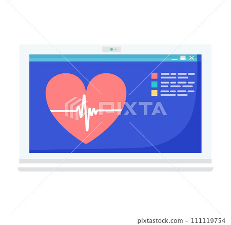 Laptop screen with heart symbol and ECG line. Digital health concept, online medical services. Heartbeat monitor interface vector illustration. 111119754