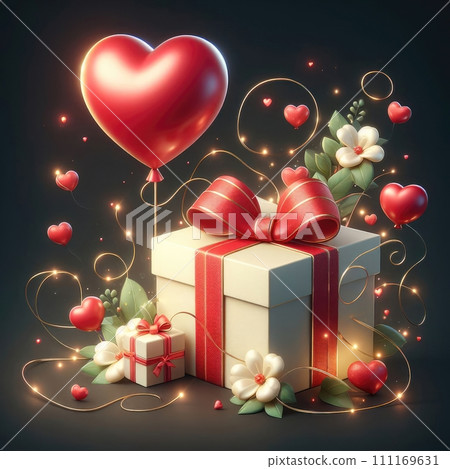 Gift box of love with a heart shaped red balloon. Love concept. Digital illustration, generative ai 111169631