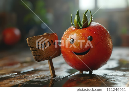 AI-generated content. A cute tomato smile holding a sign Eat Me. Generative AI 111246931