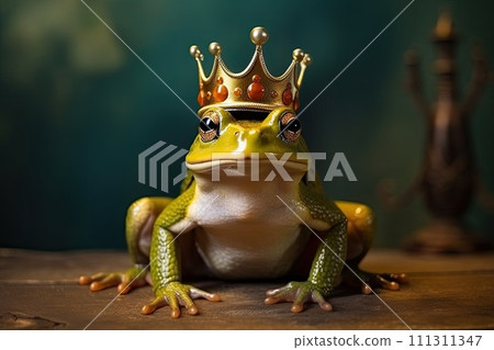 AI-generated content. green frog with crown illustration 111311347