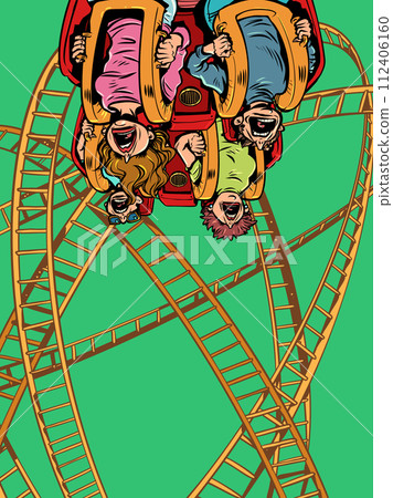 People scream and ride a roller coaster. Poster for amusement park and free leisure. A banner with a unique offer that will turn your head. 112406160