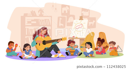 Children In A Music Class Sit On The Floor, Joyfully Exploring Various Instruments, Like Drum, Xylophone, Maracas 112438025