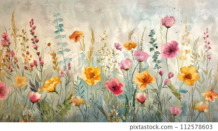 Vintage watercolor floral background with poppies and wildflowers. 112578603