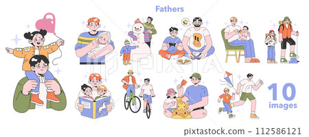 Father and children relationships set. Happy loving family, positive parenting and nurturing. Care, trust and support between parent and a child. Man and kid daily life. Flat vector illustration. 112586121