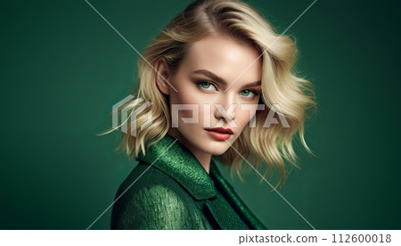 AI-generated content. Woman in green outfit, studio setting, neutral expression. Captured to showcase clothing style and design. 112600018