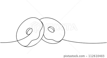 Doughnuts one line continuous drawing. Bakery sweet pastry food. Vector linear illustration. 112610483