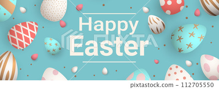 Happy Easter greeting card with eggs in pastel colors spring holiday celebration card horizontal 112705550