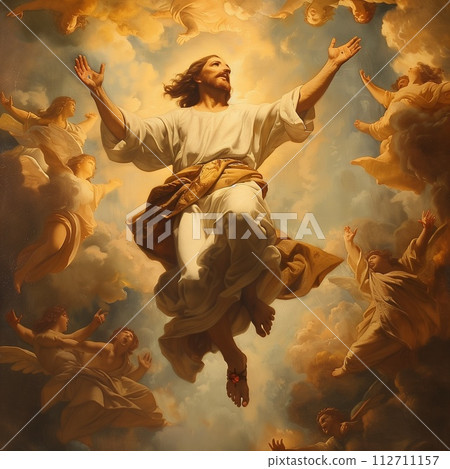 AI-generated content. A majestic painting of a figure surrounded by angels in ascent, capturing a moment of spiritual triumph and resurrection. 112711157